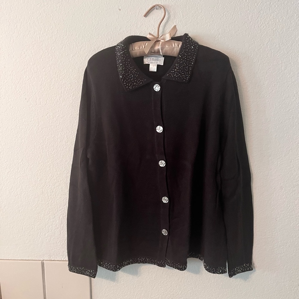 CJ Banks Black Button Up Sparkly Collared Cardigan size X